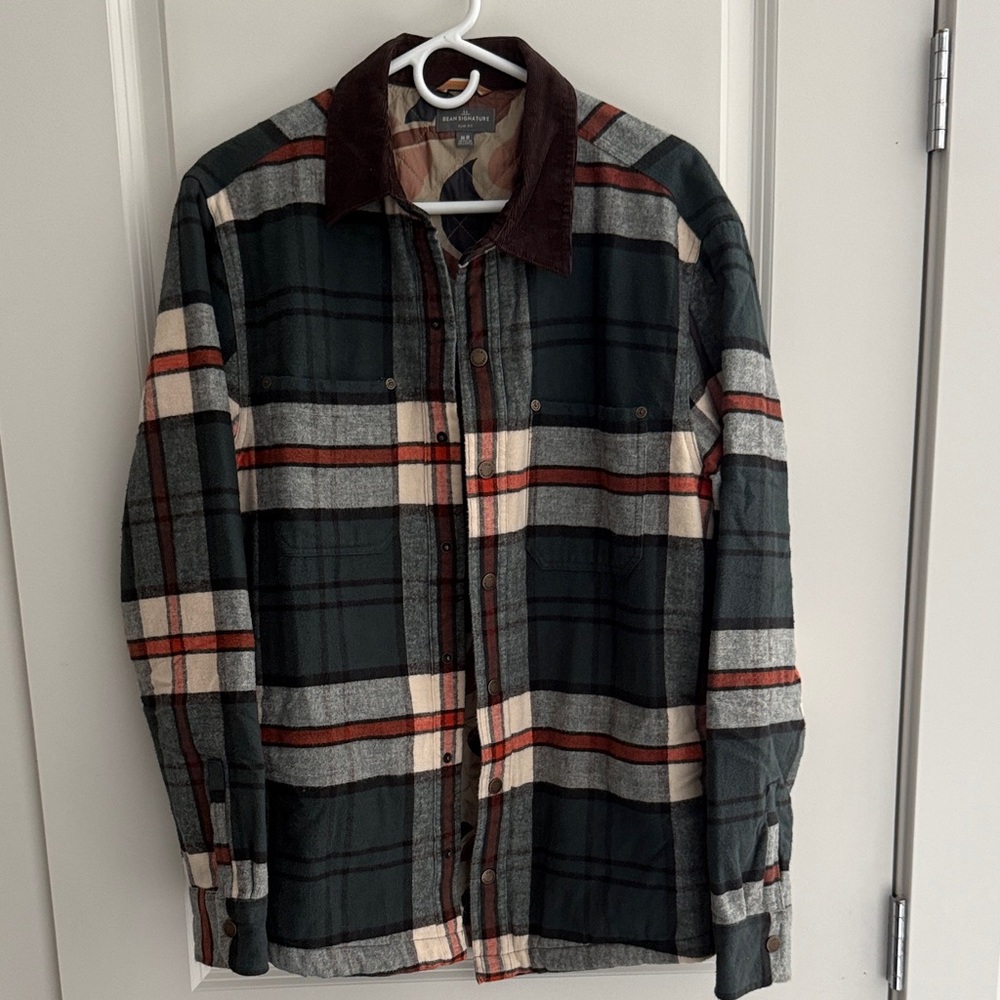 L.L. Bean Green Plaid Shirt Jacket with Brown Corduroy Collar